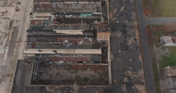 Aerial view of the dilapidated Packard Automotive Plant in Detroit, Michigan.This video was filmed in 4k for best image quality