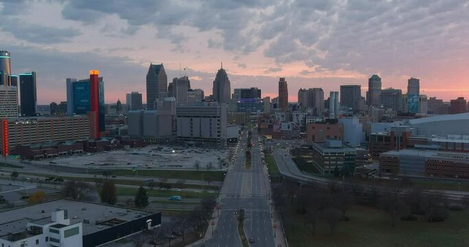 Aerial view of downtown Detroit city at sunset. This video was filmed in 4k for best image quality.