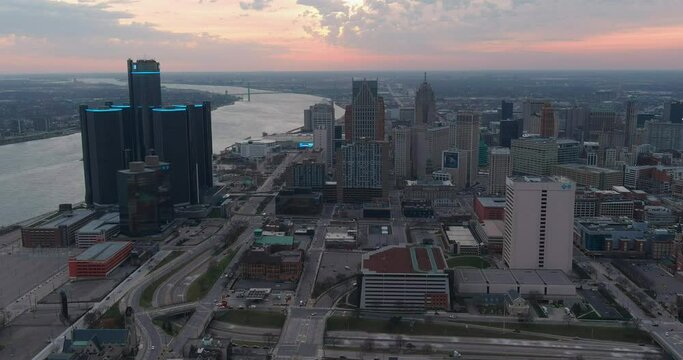 Aerial view of downtown Detroit city in the evening. This video was filmed in 4k for best image quality.