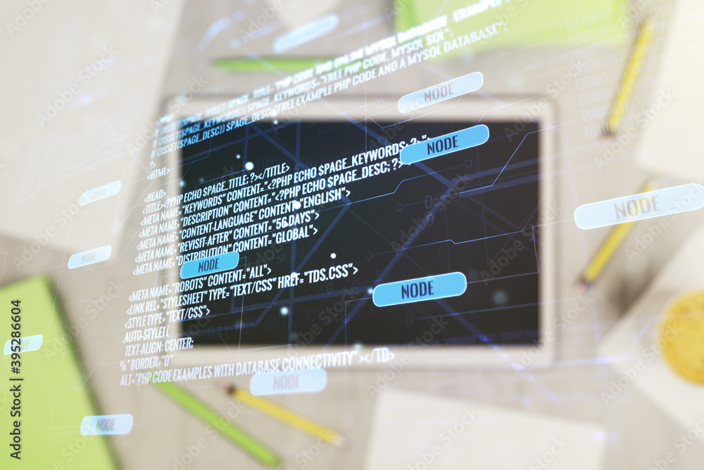 Poster double exposure of abstract programming language hologram and digital tablet on background, top view