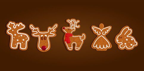 Christmas gingerbread animal cookies set collection, dove, reindeer, angel, rabbit, vector illustration