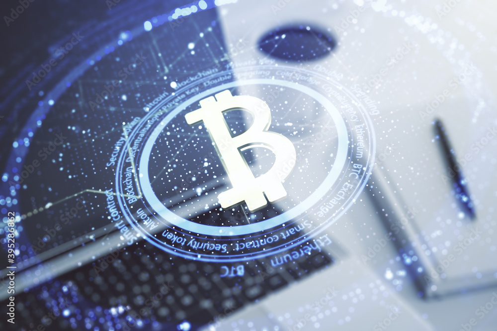 Poster double exposure of creative bitcoin symbol hologram with computer on background. mining and blockcha