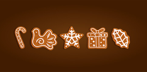 Christmas gingerbread cookies set collection, lollipop, dove, star, box, gift, leaf vector illustration