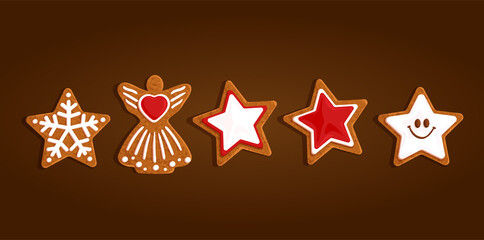 Christmas gingerbread cookies set collection, stars, angels, vector illustration