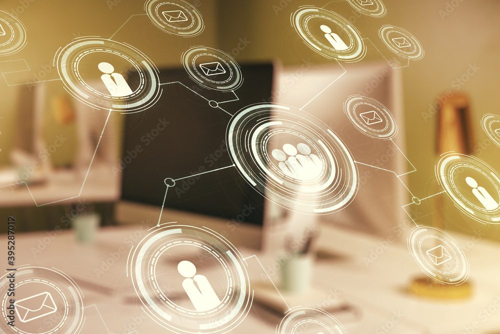 Poster double exposure of social network icons concept with computer on background. networking concept