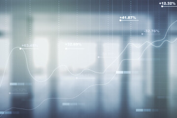 Multi exposure of abstract virtual graphic data spreadsheet sketch on modern interior background, analytics and analysis concept