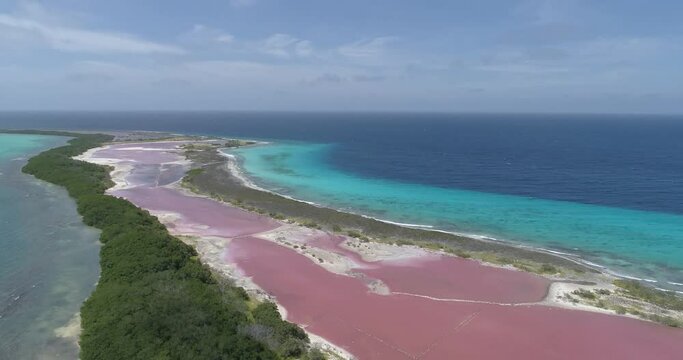 salt key  Los Roques venezuela, drone aerial view  pan rigth Salt Area Close To The Ocean Beach