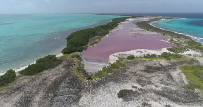 drone aerial view  pan rigth  salt key  Los Roques venezuela, Salt Area Close To The Ocean Beach
