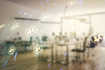 Double exposure of social network icons hologram and world map on modern corporate office background. Marketing and promotion concept