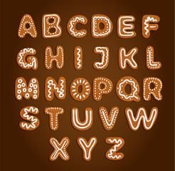 Naklejka premium Set of baked gingerbread cookies, alphabet isolated on a brown gradient background, vector illustration