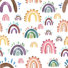 Seamless pattern with watercolor rainbows isolated. Hand-drawn elements for textile, wallpaper, and other purposes