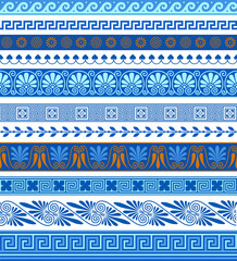 Set of seamless Greek traditional patterns, isolated on white. Blue epochal collection of spare parts for cards, covers, invitations, templates, frames, compositions, needlework, scrapbooking
