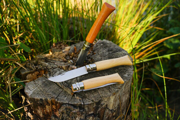A folding knife with a wooden handle lie on a stump near the shore