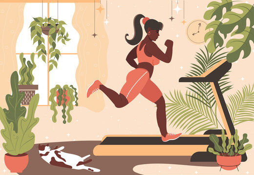 African American girl on a treadmill at home. Sports in a cozy boho-style room with house plants and a cat. Trendy vector illustration