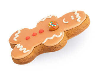 Gingerbread man cookie isolated on white background.  Christmas gingerbread pastry side view  close up. .