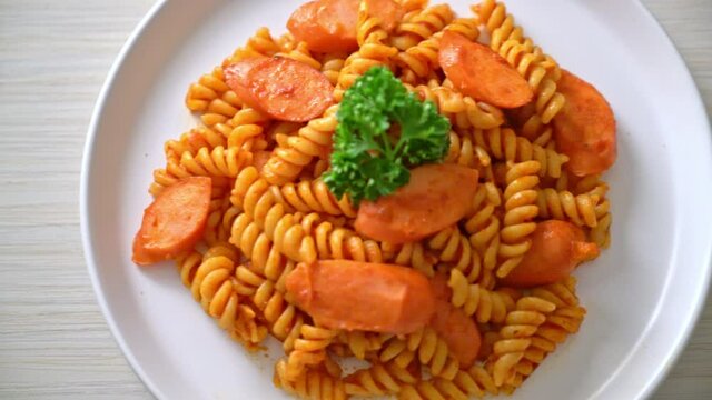 spiral or spirali pasta with tomato sauce and sausage - Italian food style