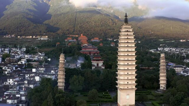 Beautiful Three Pagodas Buddhist temple in Dali, Mt Cangshan China, aerial