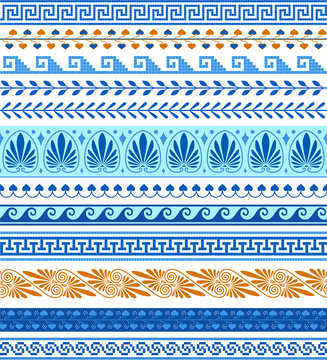 Set of seamless Greek traditional patterns, isolated on white. Blue epochal collection of spare parts for cards, covers, invitations, templates, frames, compositions, needlework, scrapbooking