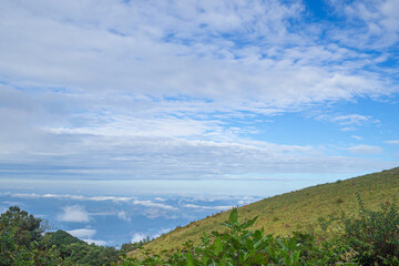 Fototapeta premium Beautiful scenic view of mountains and clouds against the sky in Kew Mae Pan nature trail at Doi Inthanon, Chiang Mai, Thailand. Famous tourist attractions of Thailand. Concept of holiday and travel