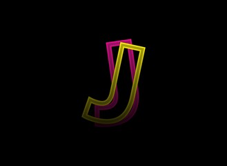 J letter vector desing, shadow font logo. Dynamic split pink, yellow color on black background. For social media,design elements, creative poster, web template