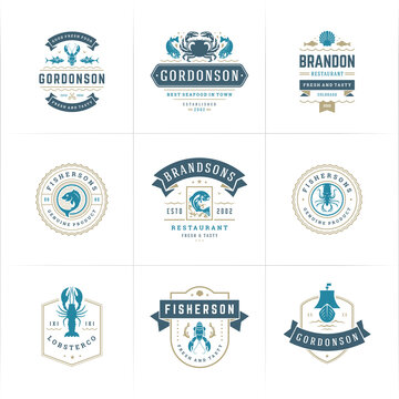 Seafood logos or signs set vector illustration fish market and restaurant emblems templates design