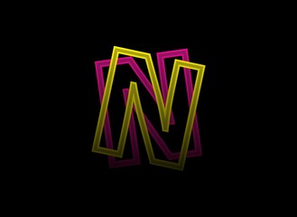 N letter vector desing, shadow font logo. Dynamic split pink, yellow color on black background. For social media,design elements, creative poster, web template