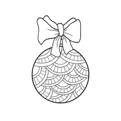 Doodle Christmas ball with striped patterns and bow on white isolated background. Suitable for coloring book pages, card, poster.