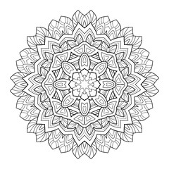 Decorative floral mandala with small and middle patterns on white isolated background. For coloring book pages.