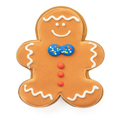 Gingerbread man cookie isolated on white background.  Christmas gingerbread pastry close-up.