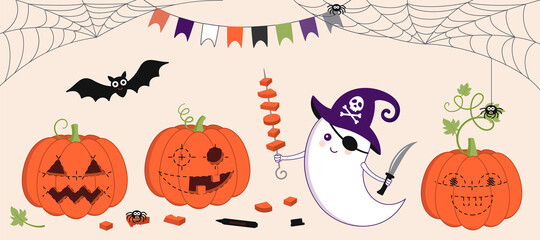Halloween pumpkins, ghost in the pirate cap, carving faces, bat, spiders, cobweb, flags. Cute cartoon baby characters of Happy Halloween and creative concept. Nice set for banners, restaurant menu
