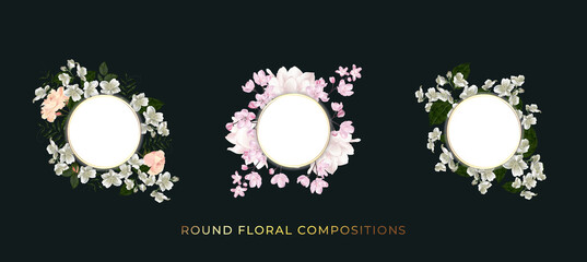 Floral round compositions set. Template for greeting card, wedding illustration