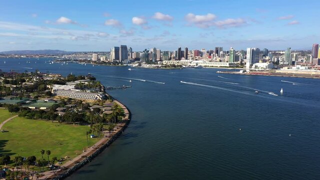 Panorama Of San Diego Skyline With Boats Sailing On San Diego Bay In California, USA. - aerial