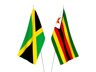 National fabric flags of Zimbabwe and Jamaica isolated on white background. 3d rendering illustration.