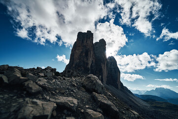 View of Drei Zinnen or Tre Cime di Lavaredo with beautiful cloud on sky, Sextener Dolomiten or Dolomiti di Sesto, South Tirol, Dolomites mountains, Italian Alps