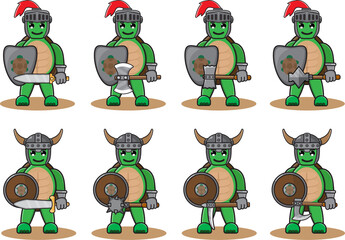Illustration vector graphic cartoon character of Green turtle knight set. Happy face and hand dwon pose.