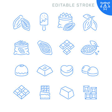 Cocoa and chocolate related icons. Editable stroke. Thin vector icon set
