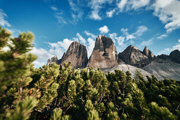 View of Drei Zinnen or Tre Cime di Lavaredo with beautiful cloud on sky, Sextener Dolomiten or Dolomiti di Sesto, South Tirol, Dolomites mountains, Italian Alps