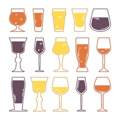 Various glasses for alcohol cocktails and shots in outline style. Vector collection for bar or barmen show isolated on white