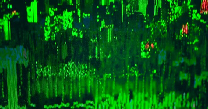 Camera moving back from extreme close up of the monitor screen.Data Code Matrix Intro abstract background.