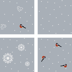 Fototapeta na wymiar snowflakes and bird vector patterns. Bullfinches and snowflakes on a gray background. Suitable for creating winter, holiday, New Year, Christmas textiles, backgrounds, cards, posters,set sail champagn