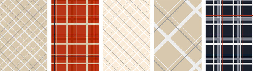 vector cards with tartan patterns. Patterns with a gray, red and champagne color background. Suitable for creating winter, holiday, New Year, Christmas textiles, backgrounds, cards, posters