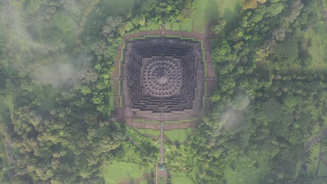 Drone top Shot of the Borobudur temple in East Java Indonesia.