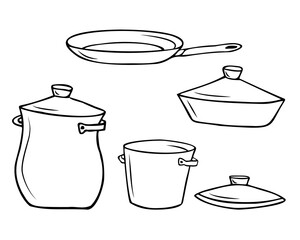Cooking utensils, Pots and pan, baking dish with lid and separate lid. Hand drawn outline sketch.
