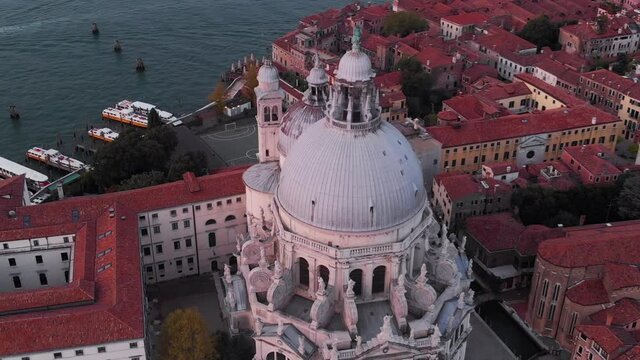 Santa MAria de la Salute church aerial view before sunrise, Venice, Italy