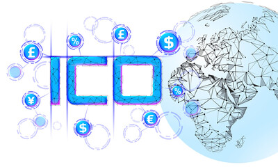 Initial coin offering ICO letters technology concept. Business finance economy low poly design style. Currency crypto banking online offer. Internet commerce block chain vector illustration