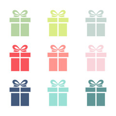 Gift boxes set icon. Colored presents box collection. Flat vector illustration isolated on white.