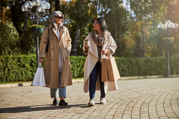 Charming female friends walking on the street