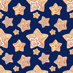 Seamless pattern with gingerbread stars on blue background. Christmas watercolor design for wrapping paper, prints and kitchen decor.