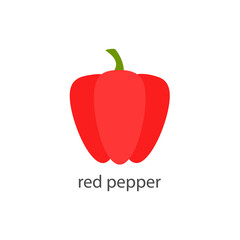 Red pepper icon. Healthy farm food concept. Fresh paprika vegetable with inscription. Vector illustration isolated on white.