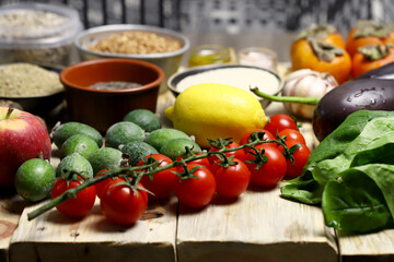 Fototapeta na wymiar A set of healthy foods for proper nutrition. Vegetables, fruits, cereals, seeds, nuts.